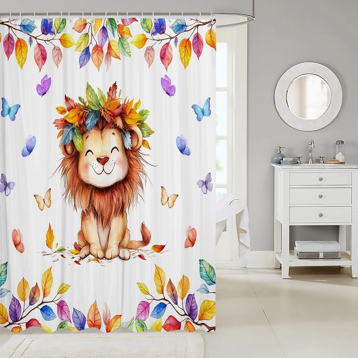 Kawaii Lion Waterproof Bathroom Curtain for Boys Girls Cartoon Animal Bath Curtain, Colorful Butterfly Shower Curtain Rainbow Eucalyptus Leaves Bathroom Curtains, Jungle Wildlife Shower Set
