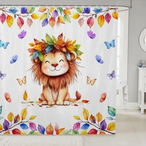 Kawaii Lion Waterproof Bathroom Curtain for Boys Girls Cartoon Animal Bath Curtain, Colorful Butterfly Shower Curtain Rainbow Eucalyptus Leaves Bathroom Curtains, Jungle Wildlife Shower Set