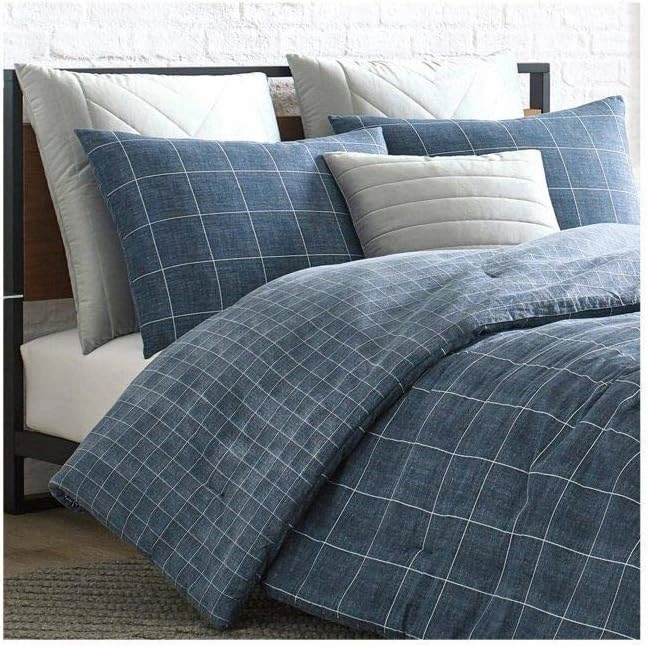 Kenneth Cole New York - Queen Duvet Cover Set, Reversible Cotton Bedding with Matching Shams, Modern Home Decor (Holden Grid Blue, Queen)