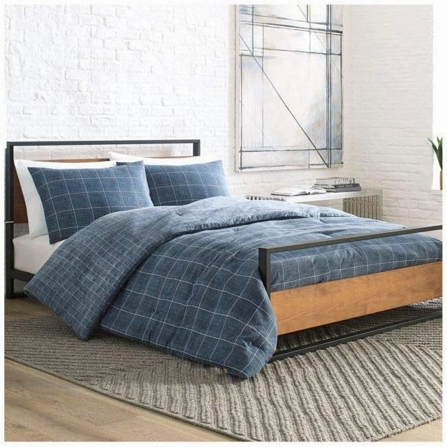 Kenneth Cole New York - Queen Duvet Cover Set, Reversible Cotton Bedding with Matching Shams, Modern Home Decor (Holden Grid Blue, Queen)