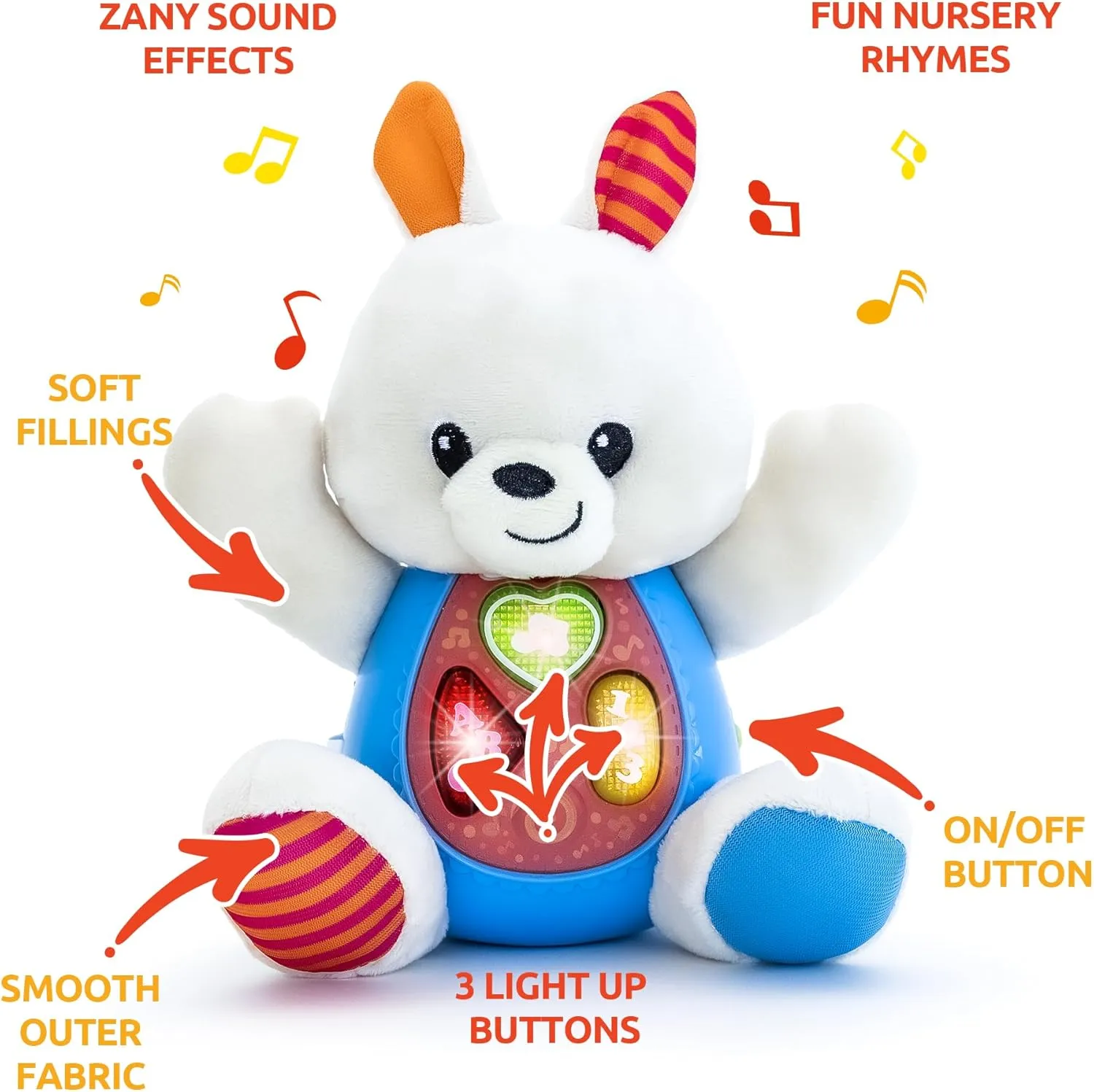 KiddoLab Bunny Plush Toy - Musical Stuffed Animal with 3 Light-Up Buttons, 8 Fun Nursery Rhymes & Sound Effects - Soft Basket Stuffer for Infants, Babies, and Toddlers Aged 3 Months  
