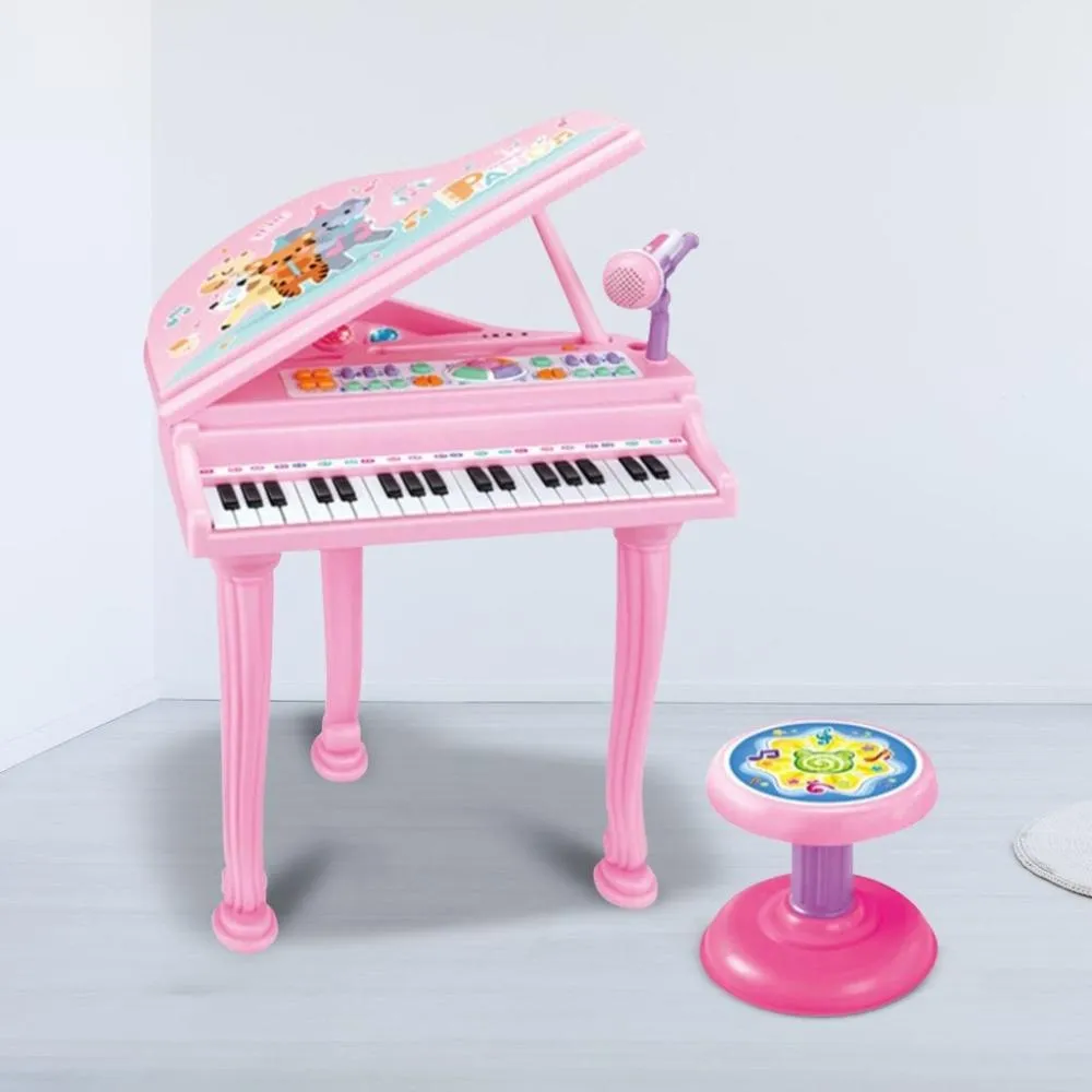 Kids Electronic Piano Keyboard Toy with Microphone and Chair (Pink)