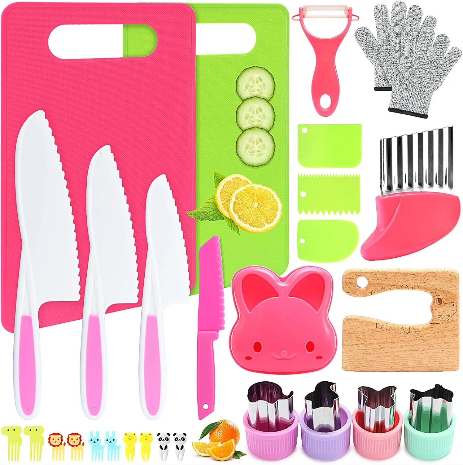 Kids Knife Set for Real Cooking, Montessori Kitchen Tools for Toddlers, 28PCS Toddler Kitchen Knife Set with Gloves Crinkle Cutters, Montessori Toy for 3 4 5 6 7 8 9 10 Year Old Girl Boy Birthday Gift