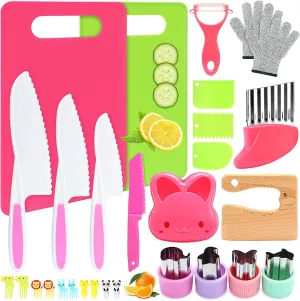 Kids Knife Set for Real Cooking, Montessori Kitchen Tools for Toddlers, 28PCS Toddler Kitchen Knife Set with Gloves Crinkle Cutters, Montessori Toy for 3 4 5 6 7 8 9 10 Year Old Girl Boy Birthday Gift