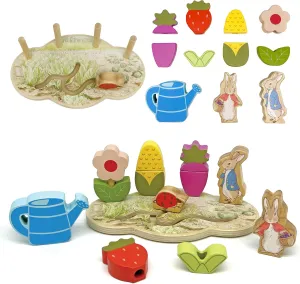 KIDS PREFERRED Peter Rabbit Garden Wooden Montessori Activity Stacker with 12 Wooden Interactive Pieces for Babies, Toddlers and Kids Based on The Beatrix Potter Books
