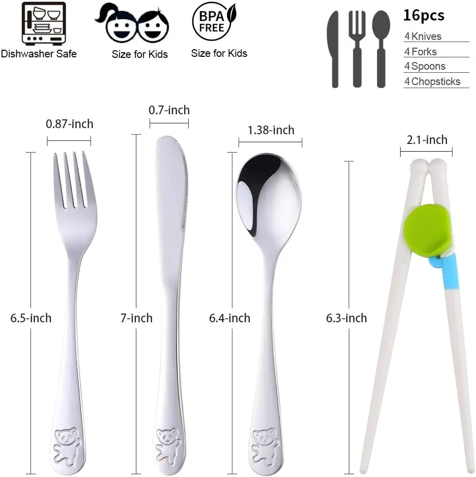 Kids Silverware, Stainless Steel Children Flatware Set, Toddler Utensils Set of 4, Silver