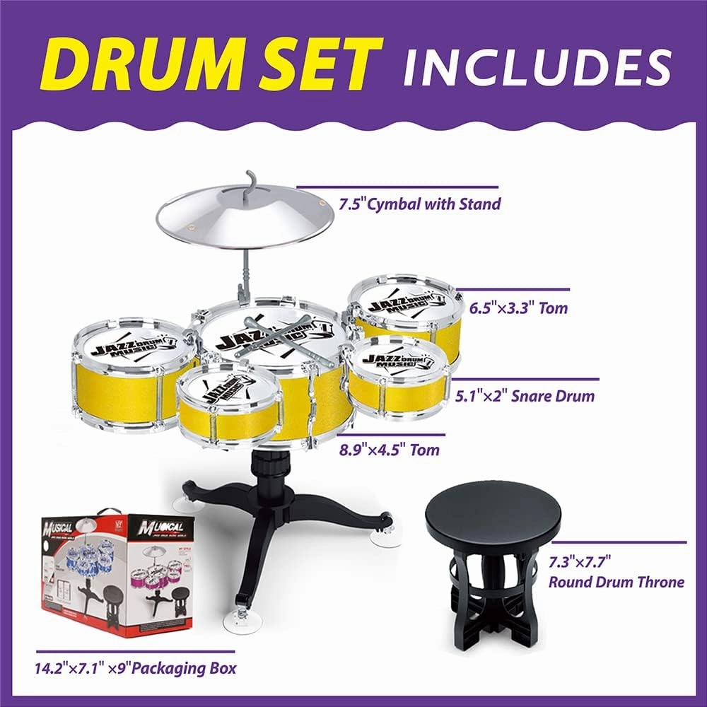Kids Drum Set - Educational Percussion Instrument for Toddlers - Stimulating Children's Creativity - Ages 3-5 Boys and Girls - Yellow