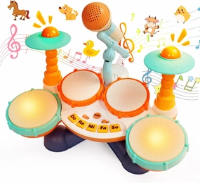 Kids Drum Set Baby Drum Set for Toddler 1-3 Musical Toys with Microphone Toddler Instruments Toys for 1 Year Old Boys Girls First Baby Gifts Light Up Learning Toy Age 1-3