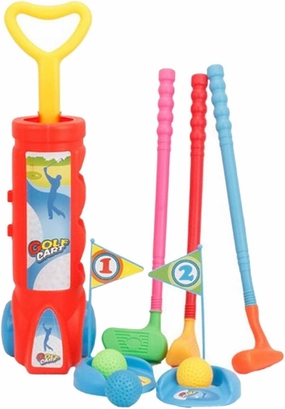 Kids Golfs Club Set Golfer Cart with Wheels 4 Colorful Sticks