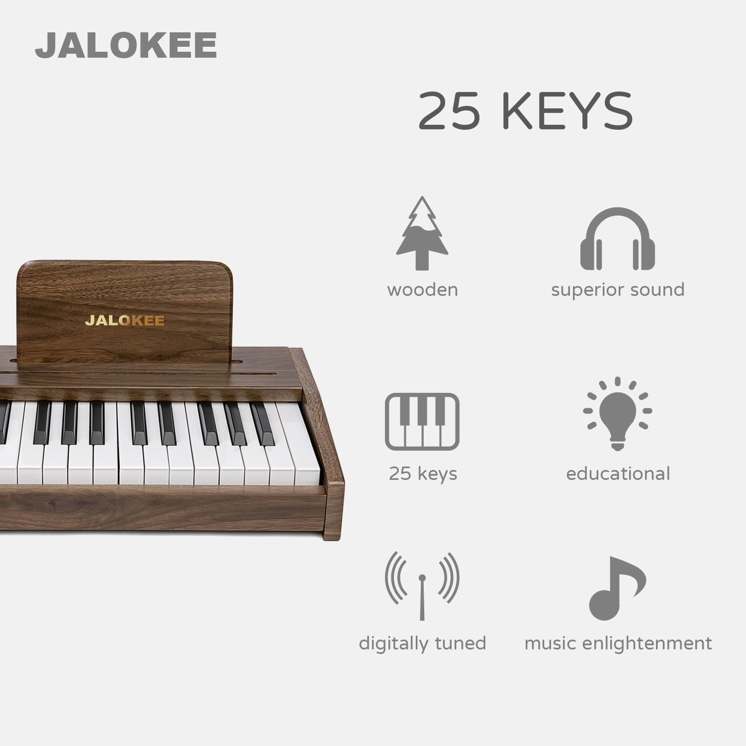 Kids Piano Keyboard, Digital Piano for Kids, Music Educational Instrument Toy, Wood Toy for 3  Girls and Boys (Walnut, 25 Keys)