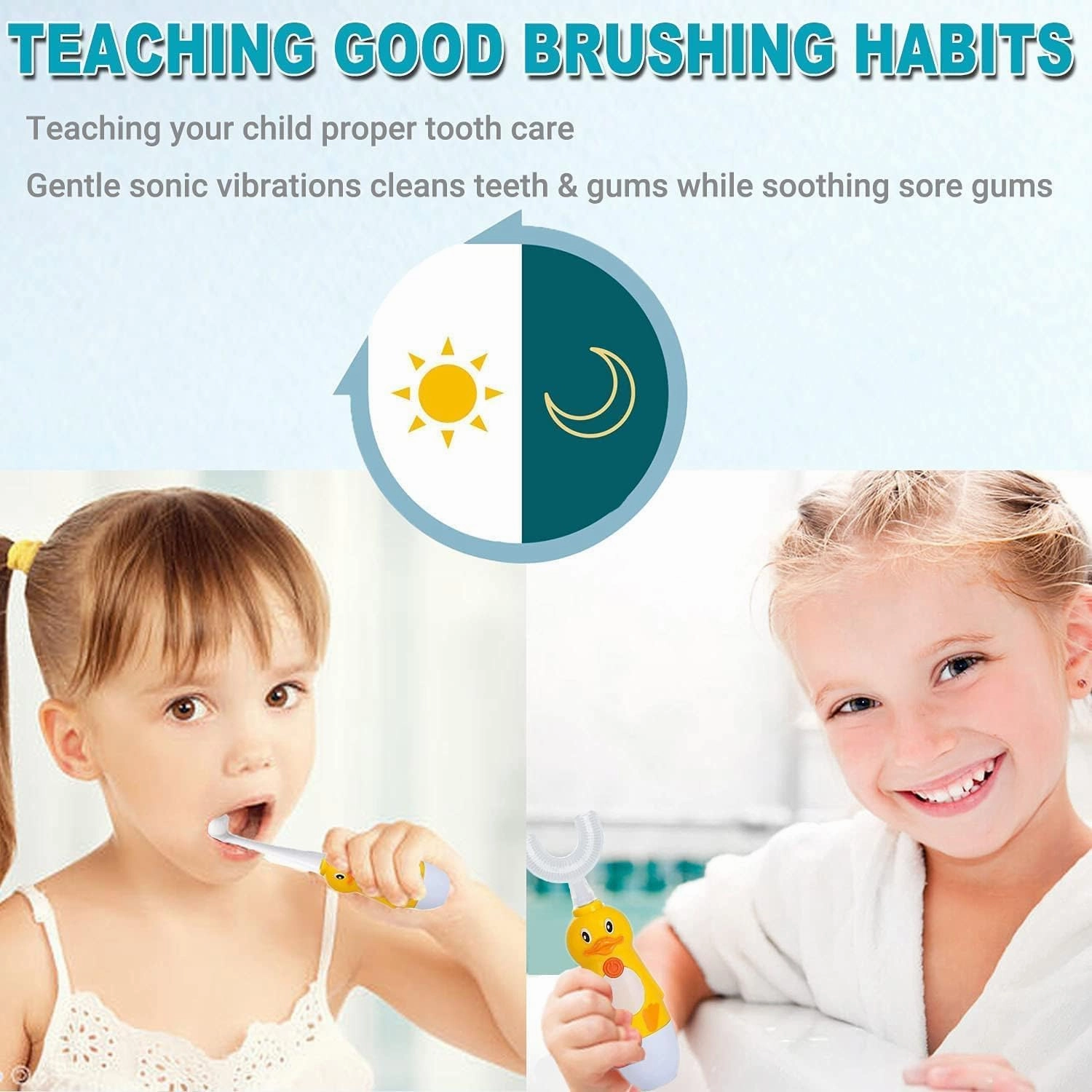 Kids U-Shaped Electric Toothbrush,Automatic Massage Toothbrush with U-Type, Cartoon Electric Toothbrush with Three Types of Brush Heads,Battery Operated,Design for 2-6 Years,White and Yellow, 2 Pieces
