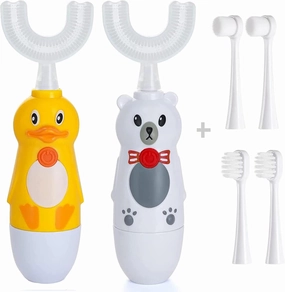 Kids U-Shaped Electric Toothbrush,Automatic Massage Toothbrush with U-Type, Cartoon Electric Toothbrush with Three Types of Brush Heads,Battery Operated,Design for 2-6 Years,White and Yellow, 2 Pieces