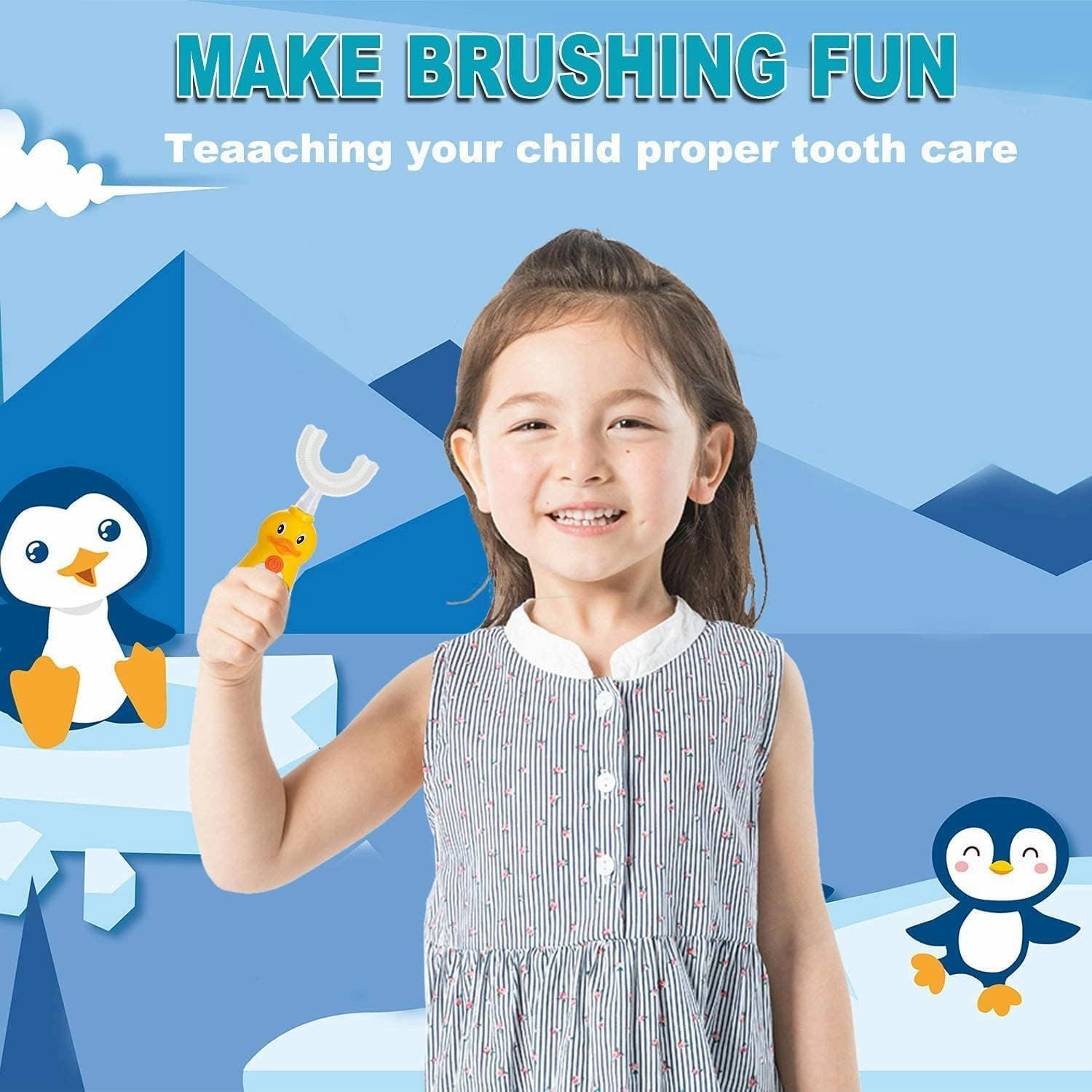 Kids U-Shaped Electric Toothbrush,Automatic Massage Toothbrush with U-Type, Cartoon Electric Toothbrush with Three Types of Brush Heads,Battery Operated,Design for 2-6 Years,White and Yellow, 2 Pieces