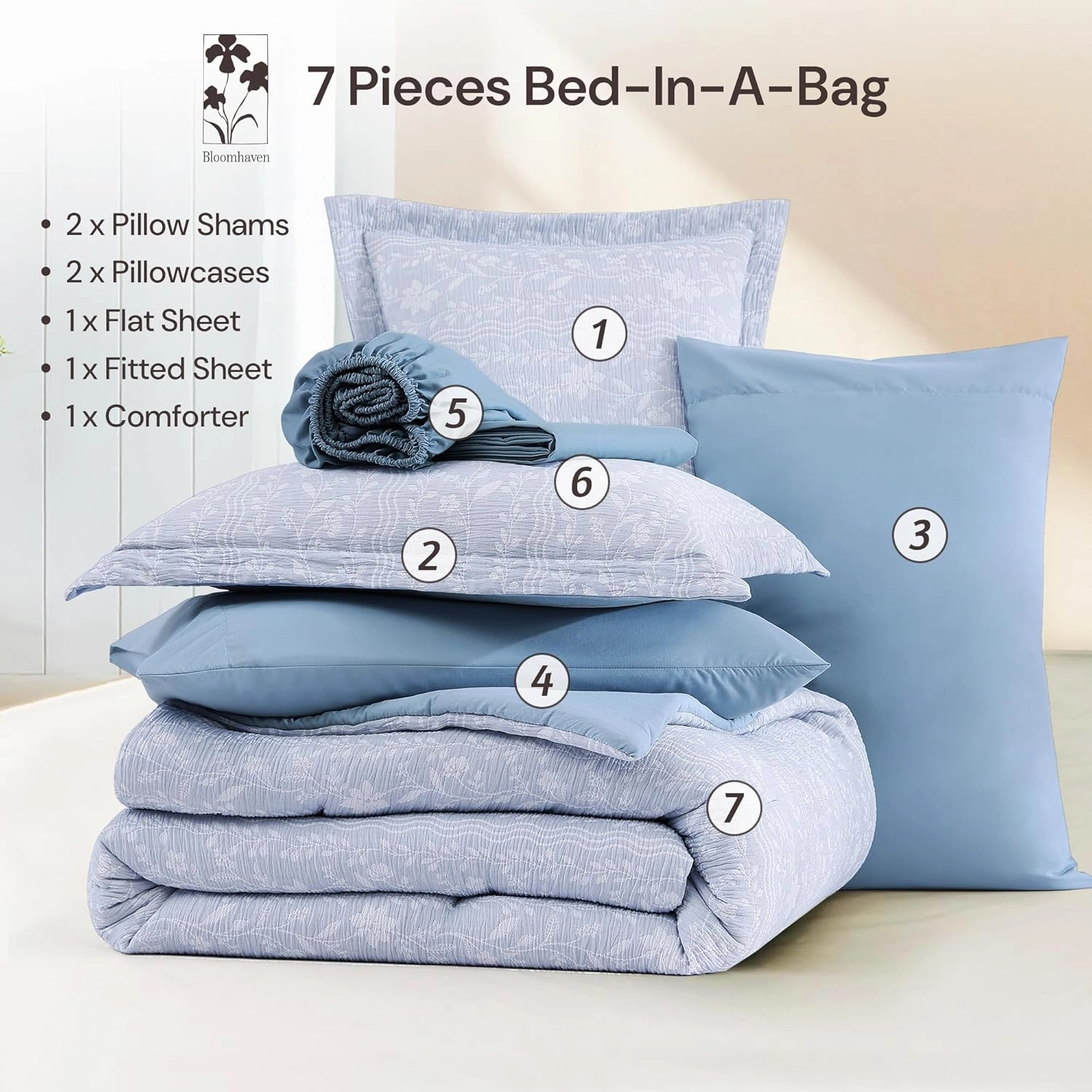 King Size Comforter Set - 7 Pieces Floral Blue Bedding for All Seasons, Farmhouse Shabby Chic Embroidery Bed Set, Soft Jacquard King Comforter Set with Sheets, Pillowcases & Shams