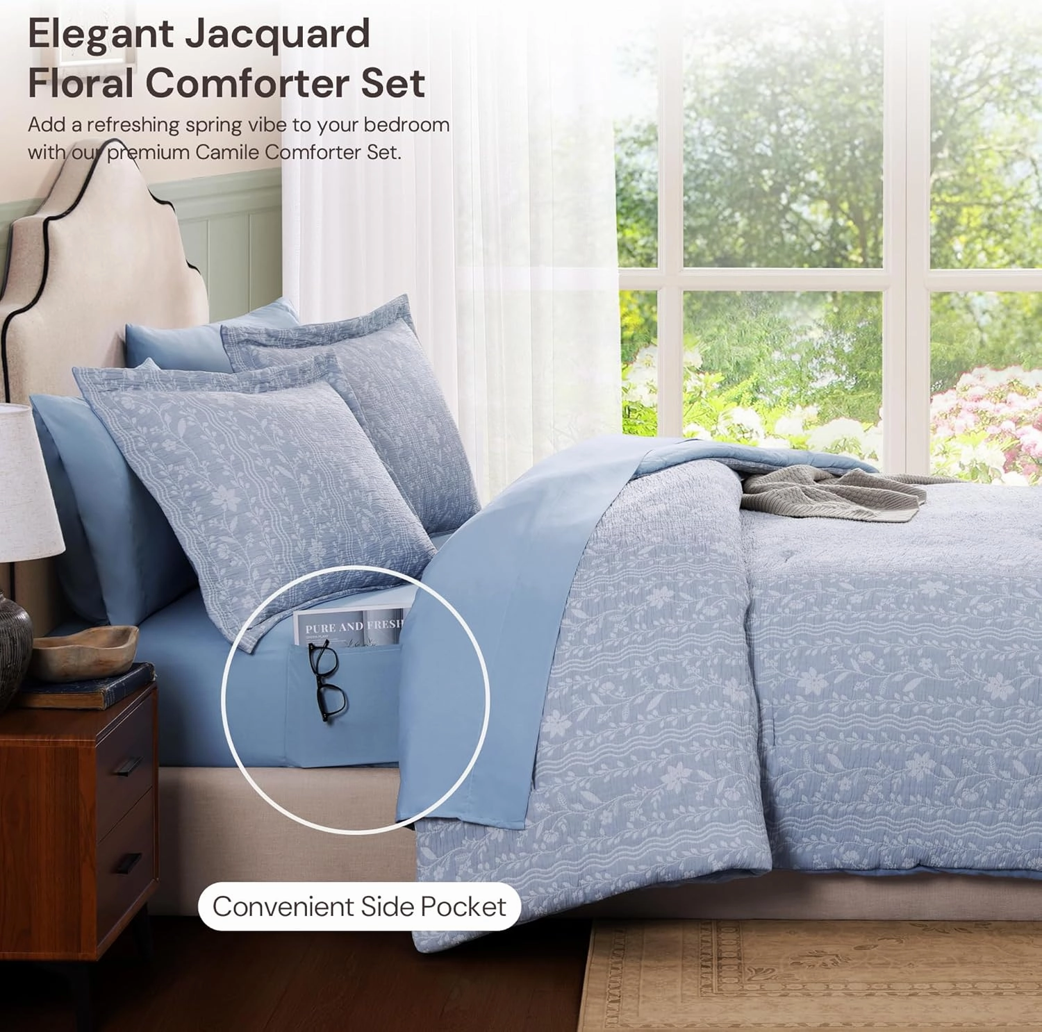 King Size Comforter Set - 7 Pieces Floral Blue Bedding for All Seasons, Farmhouse Shabby Chic Embroidery Bed Set, Soft Jacquard King Comforter Set with Sheets, Pillowcases & Shams