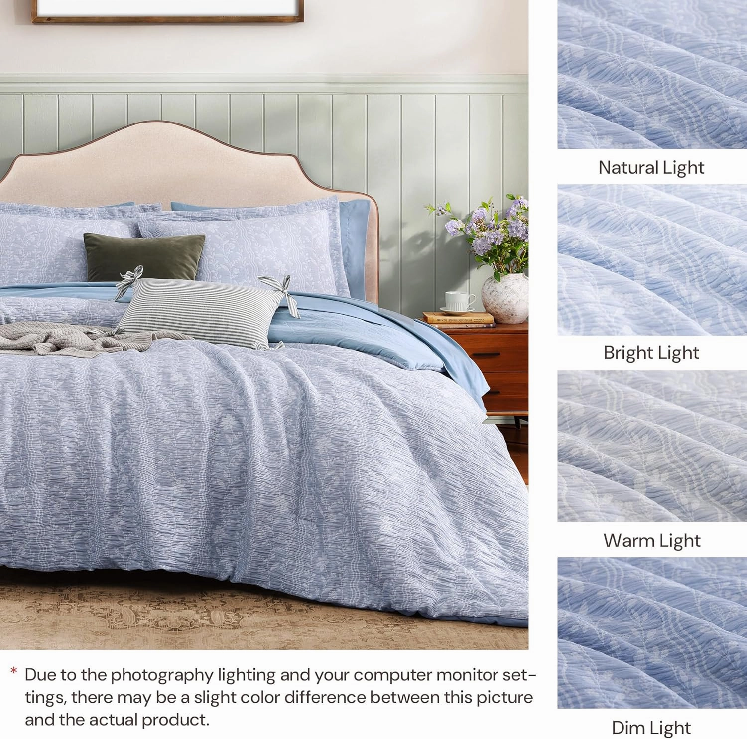 King Size Comforter Set - 7 Pieces Floral Blue Bedding for All Seasons, Farmhouse Shabby Chic Embroidery Bed Set, Soft Jacquard King Comforter Set with Sheets, Pillowcases & Shams