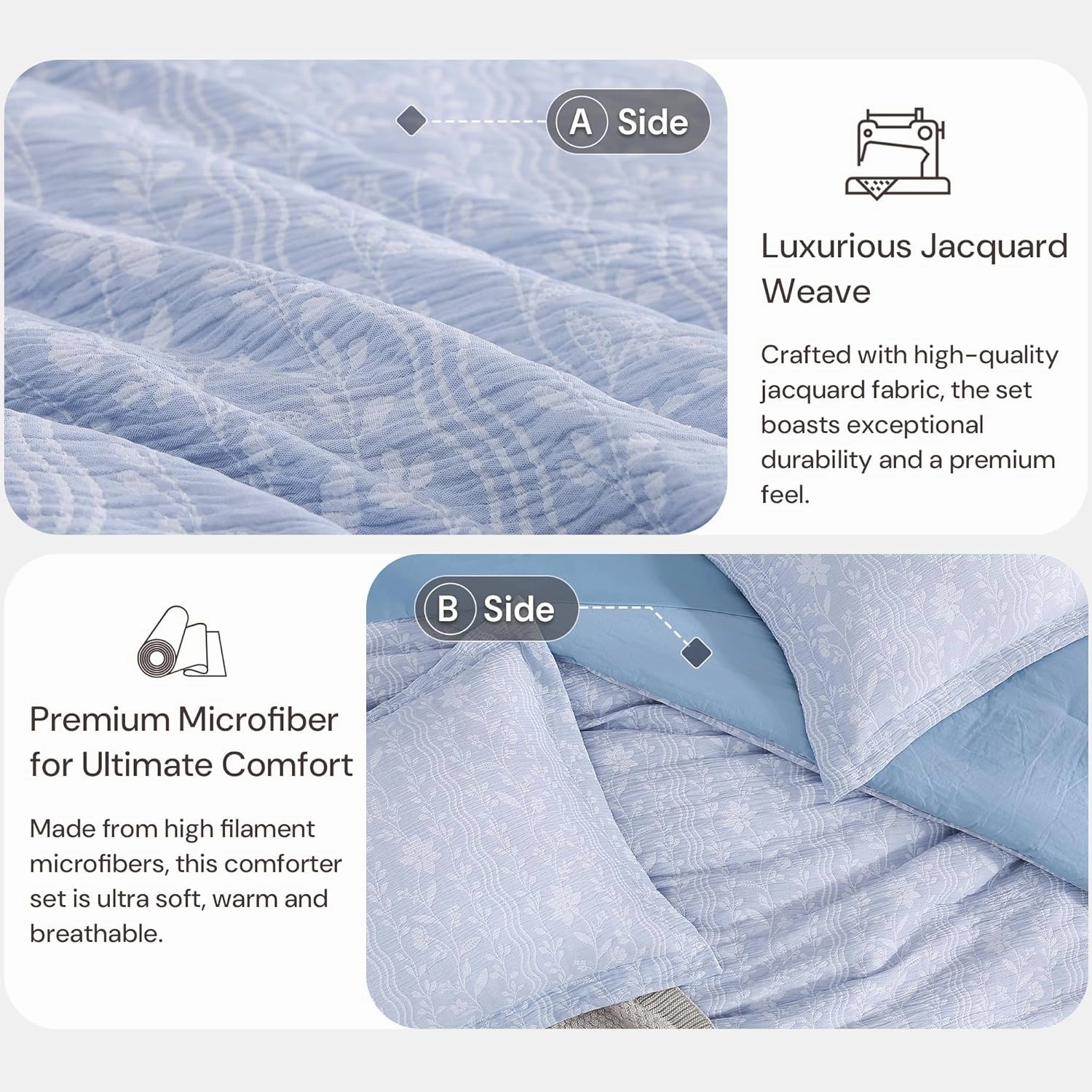 King Size Comforter Set - 7 Pieces Floral Blue Bedding for All Seasons, Farmhouse Shabby Chic Embroidery Bed Set, Soft Jacquard King Comforter Set with Sheets, Pillowcases & Shams