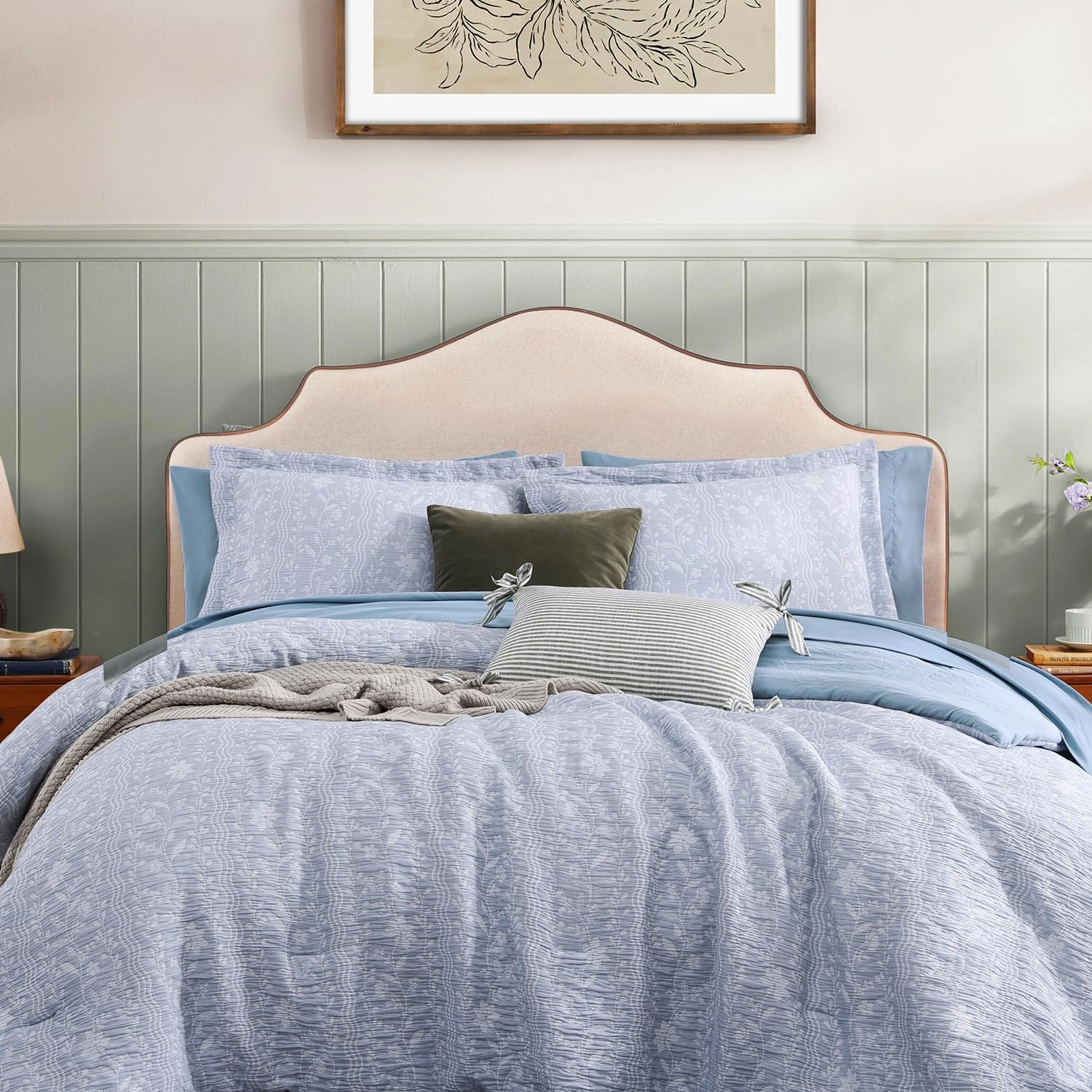 King Size Comforter Set - 7 Pieces Floral Blue Bedding for All Seasons, Farmhouse Shabby Chic Embroidery Bed Set, Soft Jacquard King Comforter Set with Sheets, Pillowcases & Shams