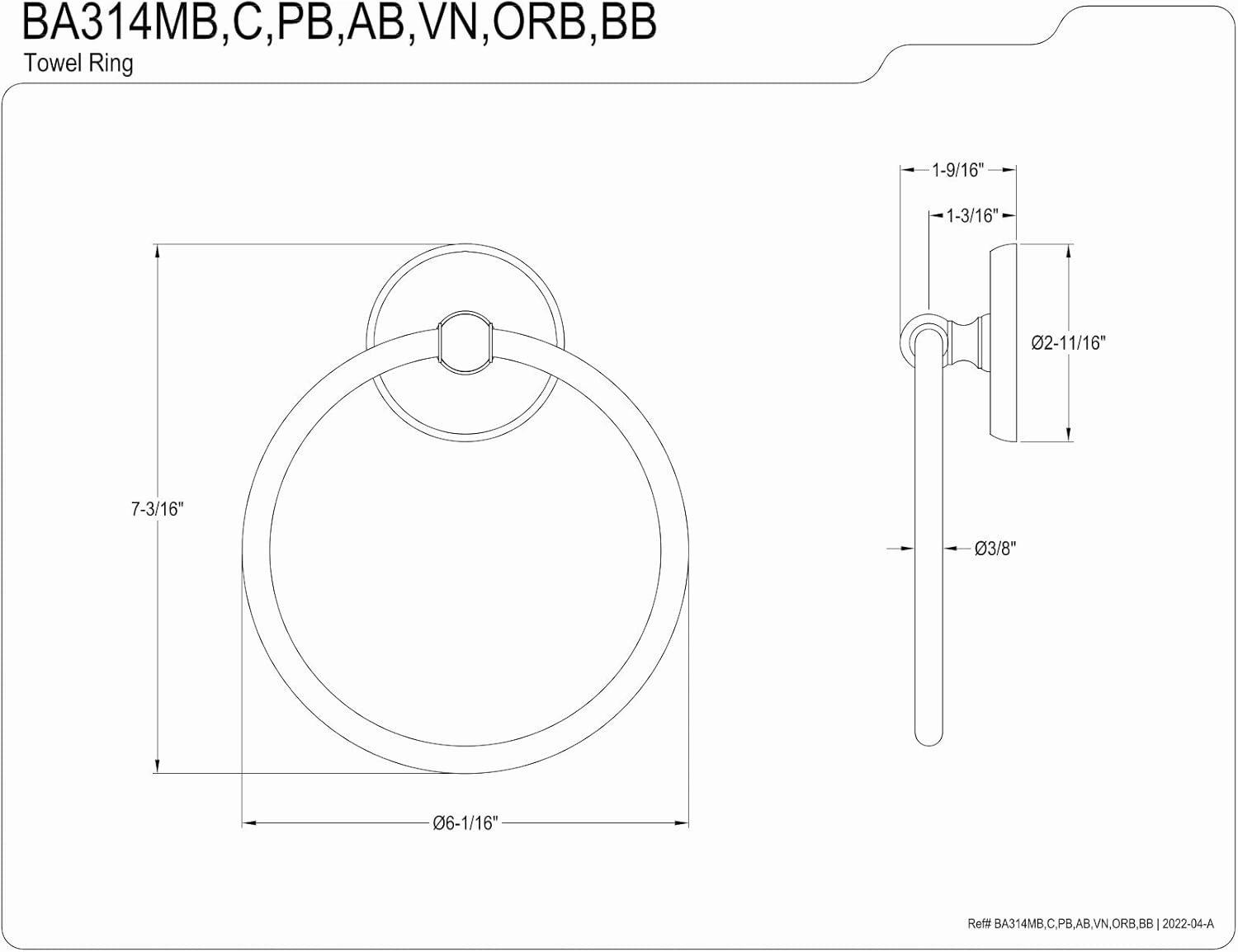 Kingston Brass BA314BB Classic Towel-Ring, Brushed Brass , 6.06 x 1.56 x 2.69