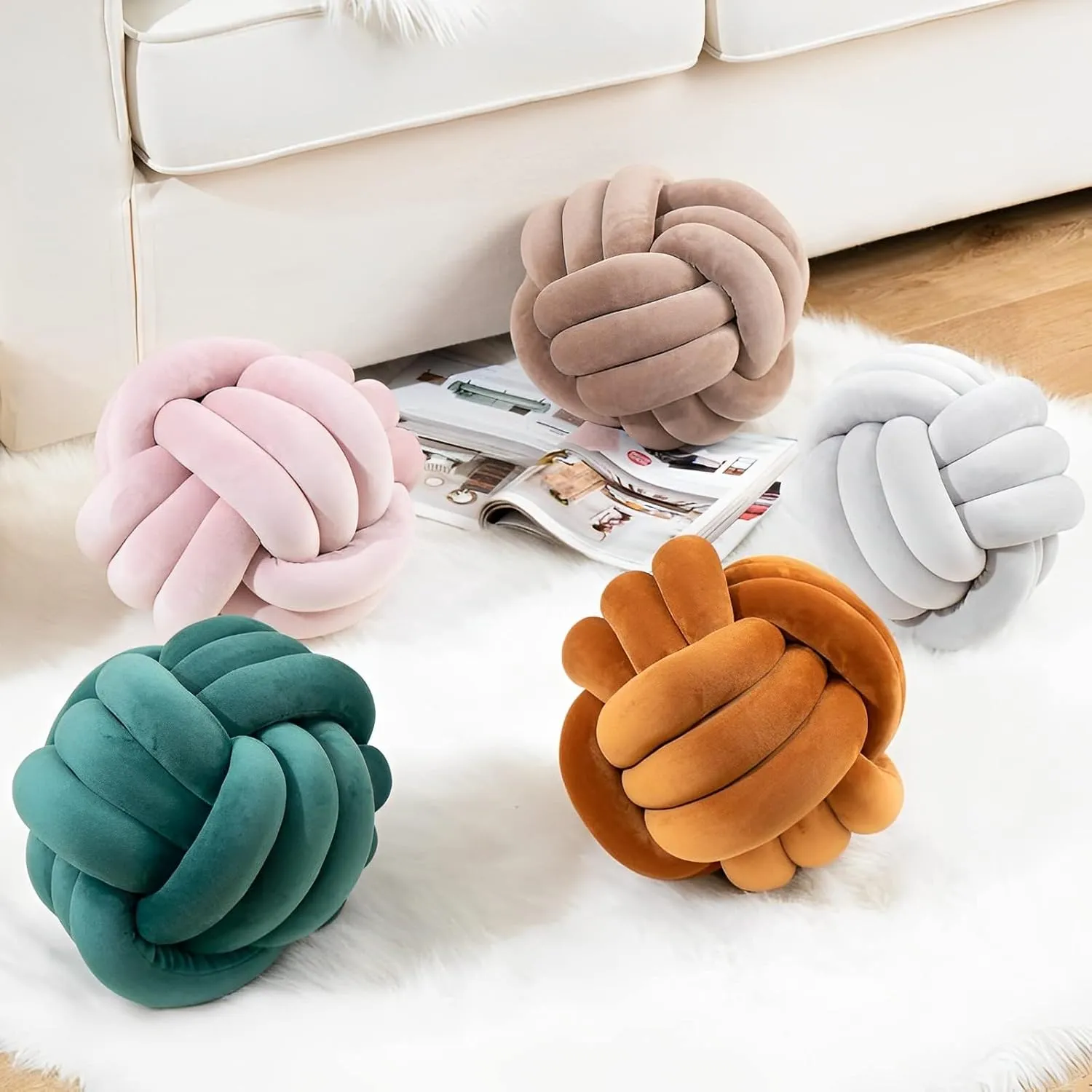 Knot Ball Pillows, Round Throw Pillow Cushion Home Decoration Soft Plush Pillow, Throw Knotted Ball Pillow Handmade Children Room Decoration Round Plush Toy Pillow (Caramel,8.5"/22cm)