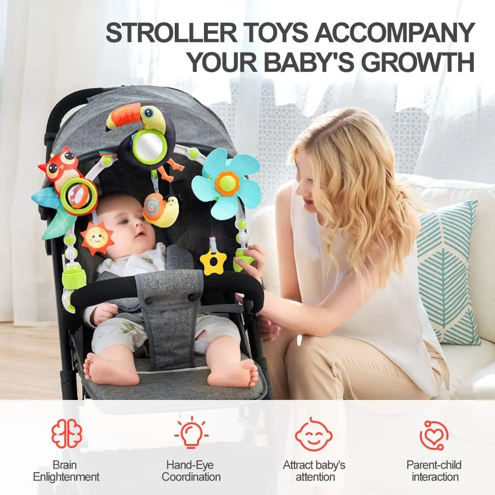 Koty Baby Stroller Arch Toy with Teether, Rattle, Crinkle Sound, Mirror & Music Box, Newborns Sensory Activity Carrier Take-Along Toy, Adjustable for Bouncers, Car Seat & Pram 0M (Toucan)