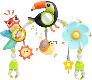 Koty Baby Stroller Arch Toy with Teether, Rattle, Crinkle Sound, Mirror & Music Box, Newborns Sensory Activity Carrier Take-Along Toy, Adjustable for Bouncers, Car Seat & Pram 0M (Toucan)