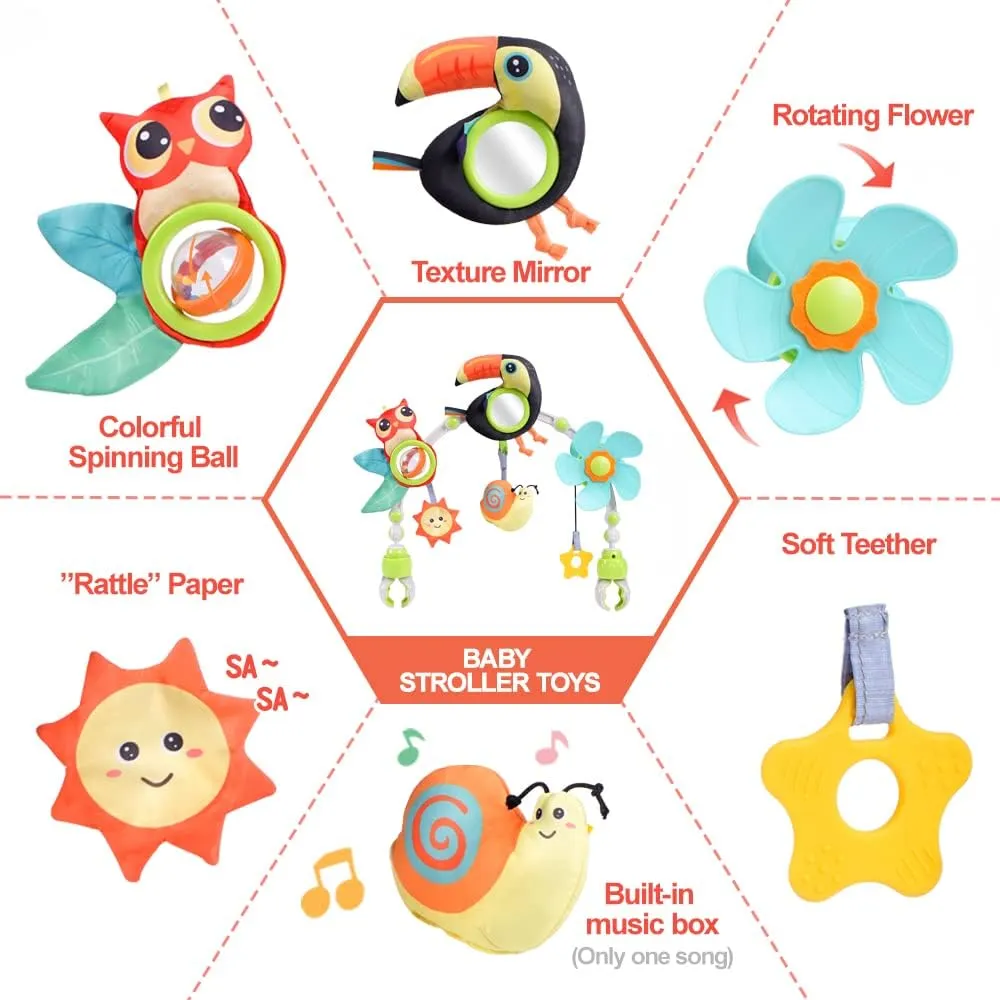 Koty Baby Stroller Arch Toy with Teether, Rattle, Crinkle Sound, Mirror & Music Box, Newborns Sensory Activity Carrier Take-Along Toy, Adjustable for Bouncers, Car Seat & Pram 0M (Toucan)