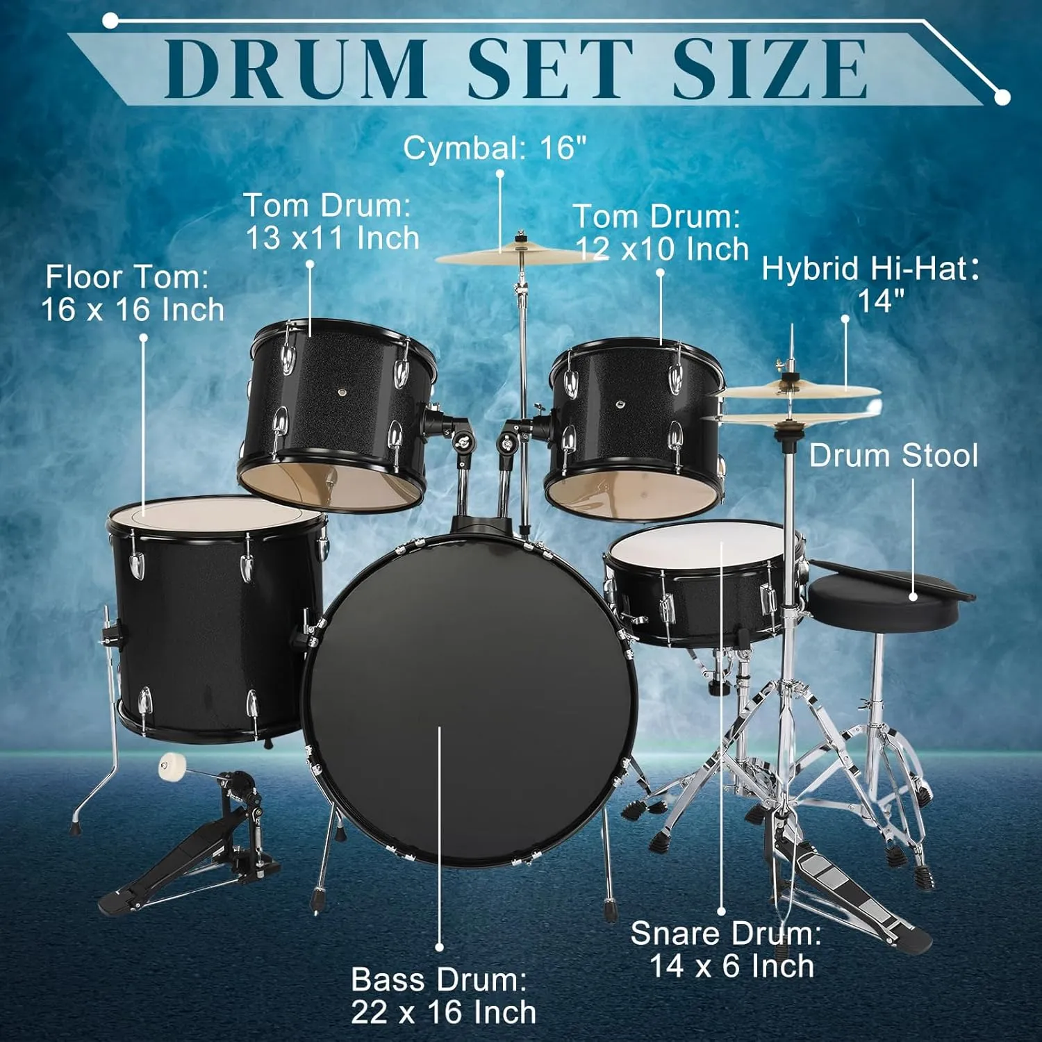 Ktaxon 22 Inch Adult Drum Set, 5-Piece Full-Size Drums Kit with Cymbal Stands, Hi-hat Stand, Sticks, Drum Pedal, Stool & Floor Tom for Beginner Teens Student (Black)