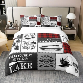 Lake Paddle Cotton Duvet Cover,Outdoor Jungle Camping Boating Rustic Style Breathable Comforter Cover (Not Comforter),Retro Red Checker Splicing Geometry Comforter Cover 2 Pcs with 1 Pillowcase King