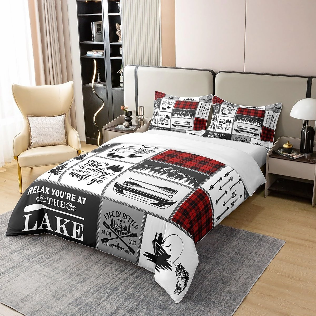 Lake Paddle Cotton Duvet Cover,Outdoor Jungle Camping Boating Rustic Style Breathable Comforter Cover (Not Comforter),Retro Red Checker Splicing Geometry Comforter Cover 2 Pcs with 1 Pillowcase King