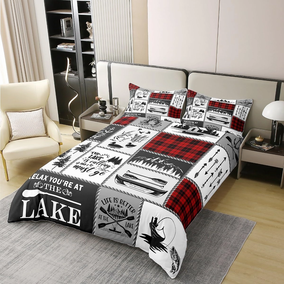 Lake Paddle Cotton Duvet Cover,Outdoor Jungle Camping Boating Rustic Style Breathable Comforter Cover (Not Comforter),Retro Red Checker Splicing Geometry Comforter Cover 2 Pcs with 1 Pillowcase King