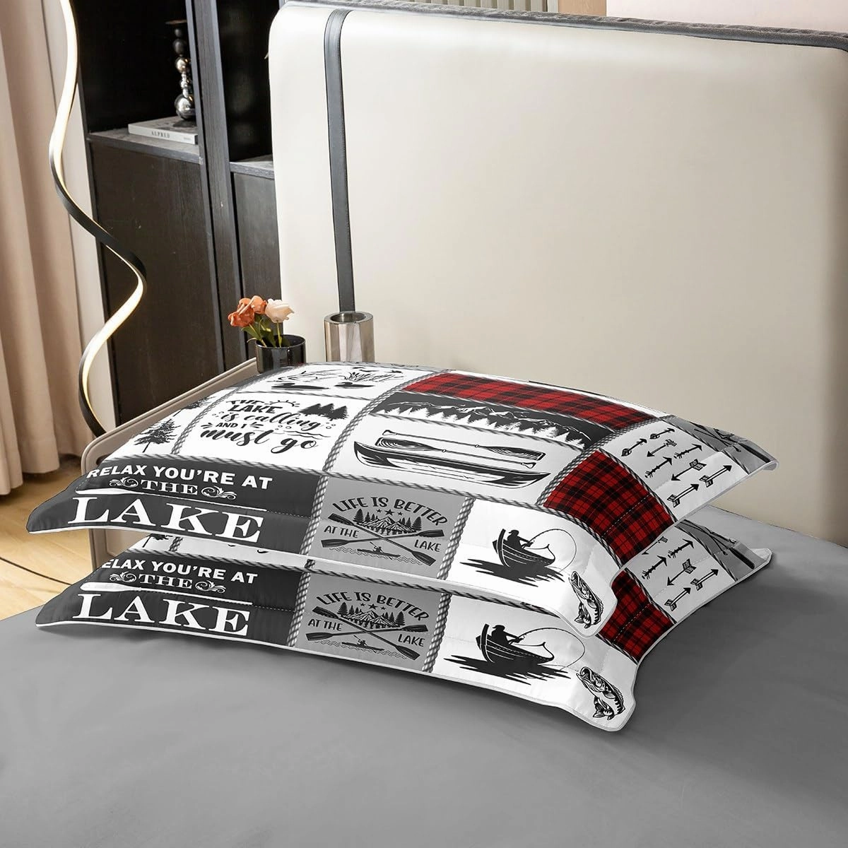 Lake Paddle Cotton Duvet Cover,Outdoor Jungle Camping Boating Rustic Style Breathable Comforter Cover (Not Comforter),Retro Red Checker Splicing Geometry Comforter Cover 2 Pcs with 1 Pillowcase King