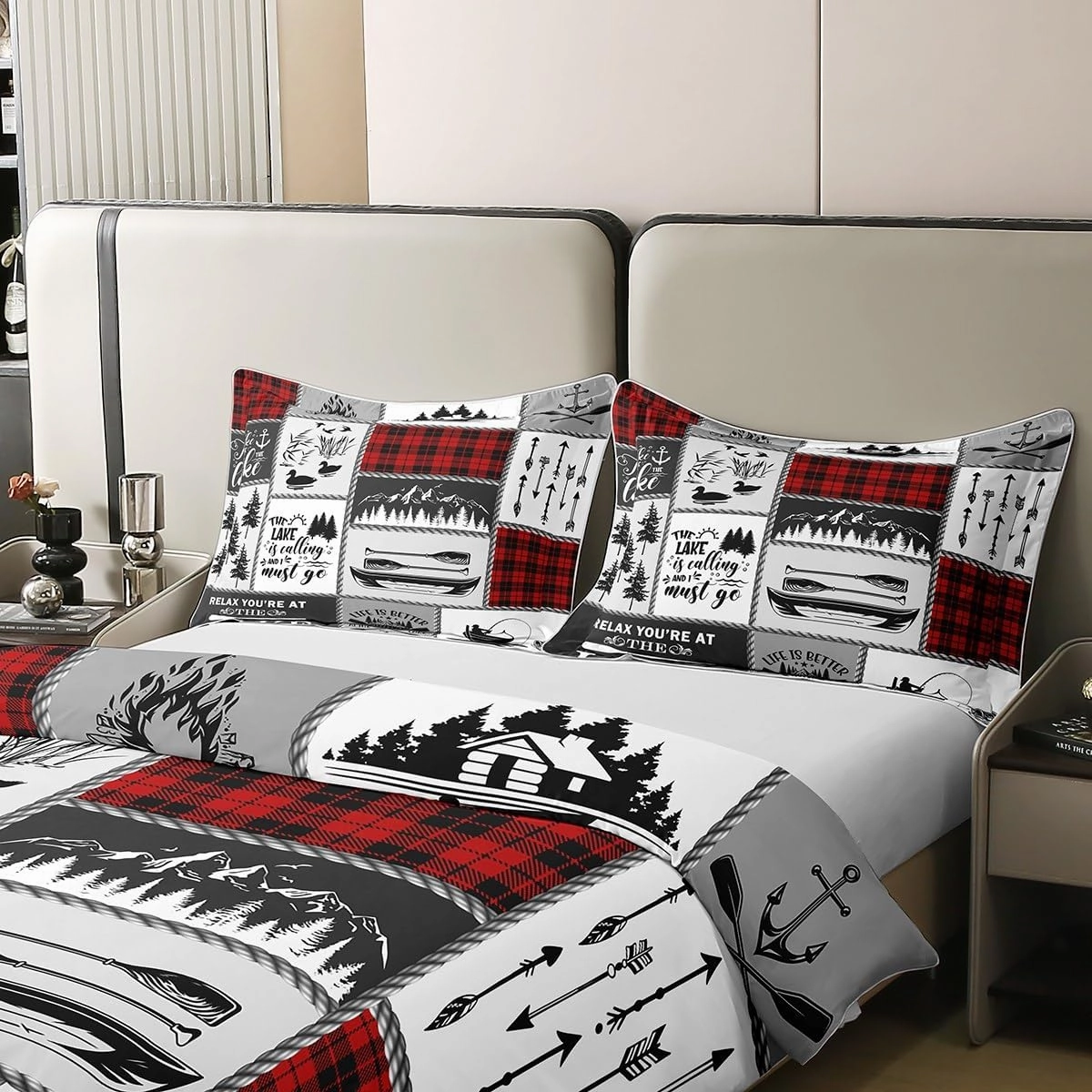 Lake Paddle Cotton Duvet Cover,Outdoor Jungle Camping Boating Rustic Style Breathable Comforter Cover (Not Comforter),Retro Red Checker Splicing Geometry Comforter Cover 2 Pcs with 1 Pillowcase King