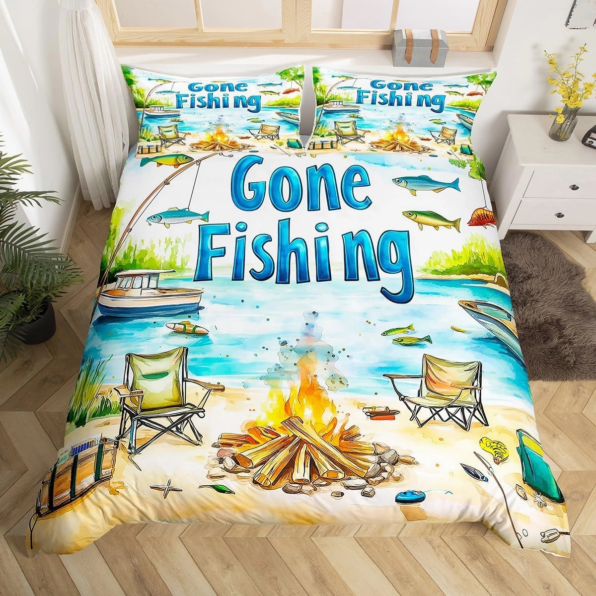 Lakeside Fishing Duvet Cover Sets(NO Comforter),Camping Adventure Comforter Cover for Kids Adults Youth Bedroom Decor,Kids Boys Coastal Boat Bedding Set,Fisherman Fishing Quilt Cover,Queen