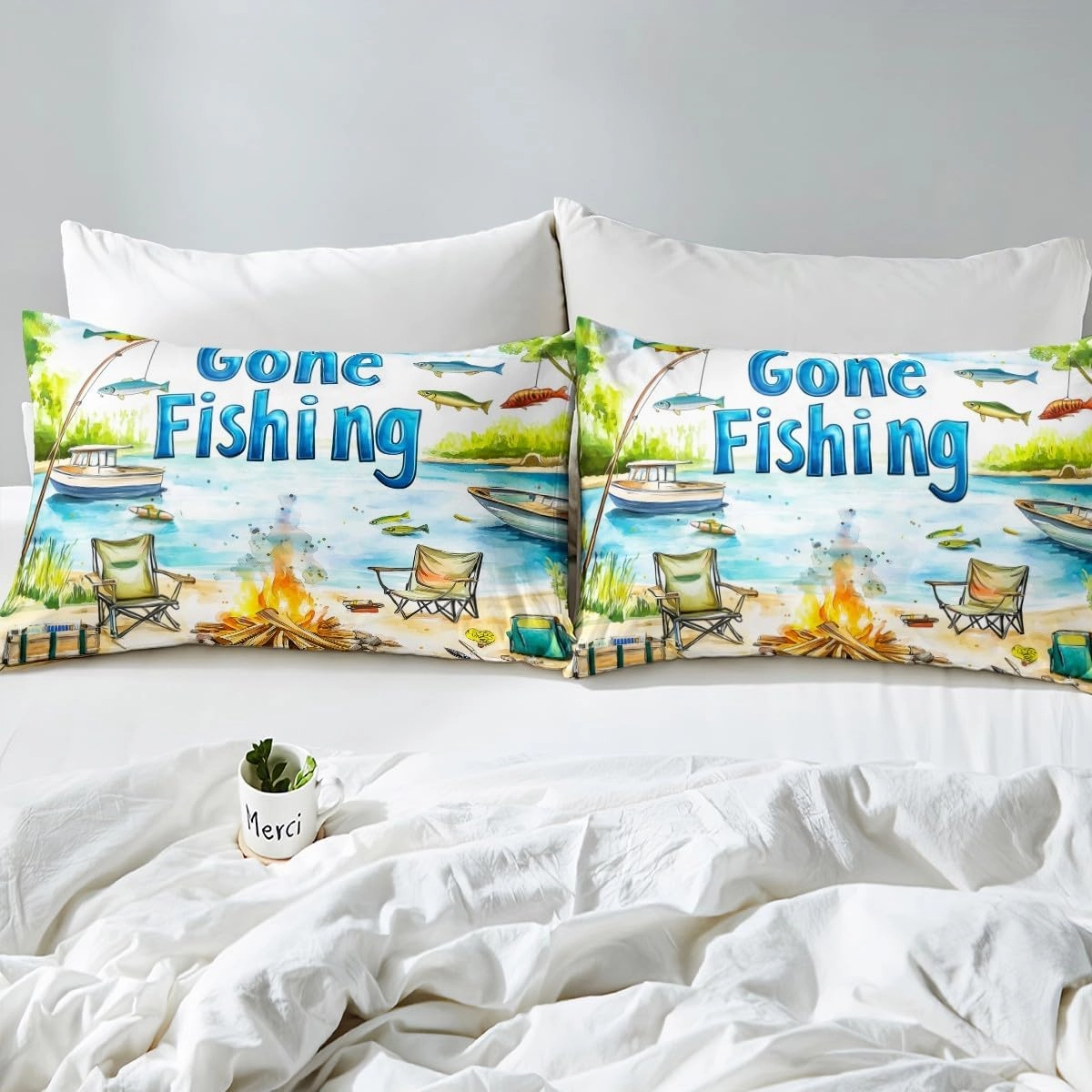 Lakeside Fishing Duvet Cover Sets(NO Comforter),Camping Adventure Comforter Cover for Kids Adults Youth Bedroom Decor,Kids Boys Coastal Boat Bedding Set,Fisherman Fishing Quilt Cover,Queen