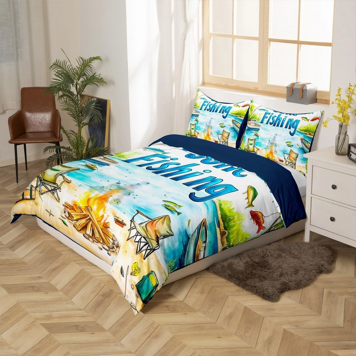 Lakeside Fishing Duvet Cover Sets(NO Comforter),Camping Adventure Comforter Cover for Kids Adults Youth Bedroom Decor,Kids Boys Coastal Boat Bedding Set,Fisherman Fishing Quilt Cover,Queen