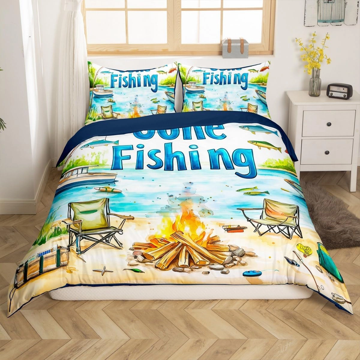 Lakeside Fishing Duvet Cover Sets(NO Comforter),Camping Adventure Comforter Cover for Kids Adults Youth Bedroom Decor,Kids Boys Coastal Boat Bedding Set,Fisherman Fishing Quilt Cover,Queen