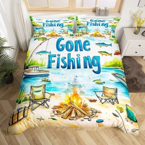 Lakeside Fishing Duvet Cover Sets(NO Comforter),Camping Adventure Comforter Cover for Kids Adults Youth Bedroom Decor,Kids Boys Coastal Boat Bedding Set,Fisherman Fishing Quilt Cover,Queen
