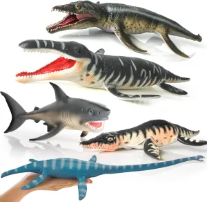 Large Ocean Creatures Toys Playset Prehistoric Sea Fish Toys 5PCS Figurines Replica of Mosasaurus Plesiosaur Dinosaur Figures Collection Sea Animals for Toddler Boys Dino Toy Kids Birthday Gift
