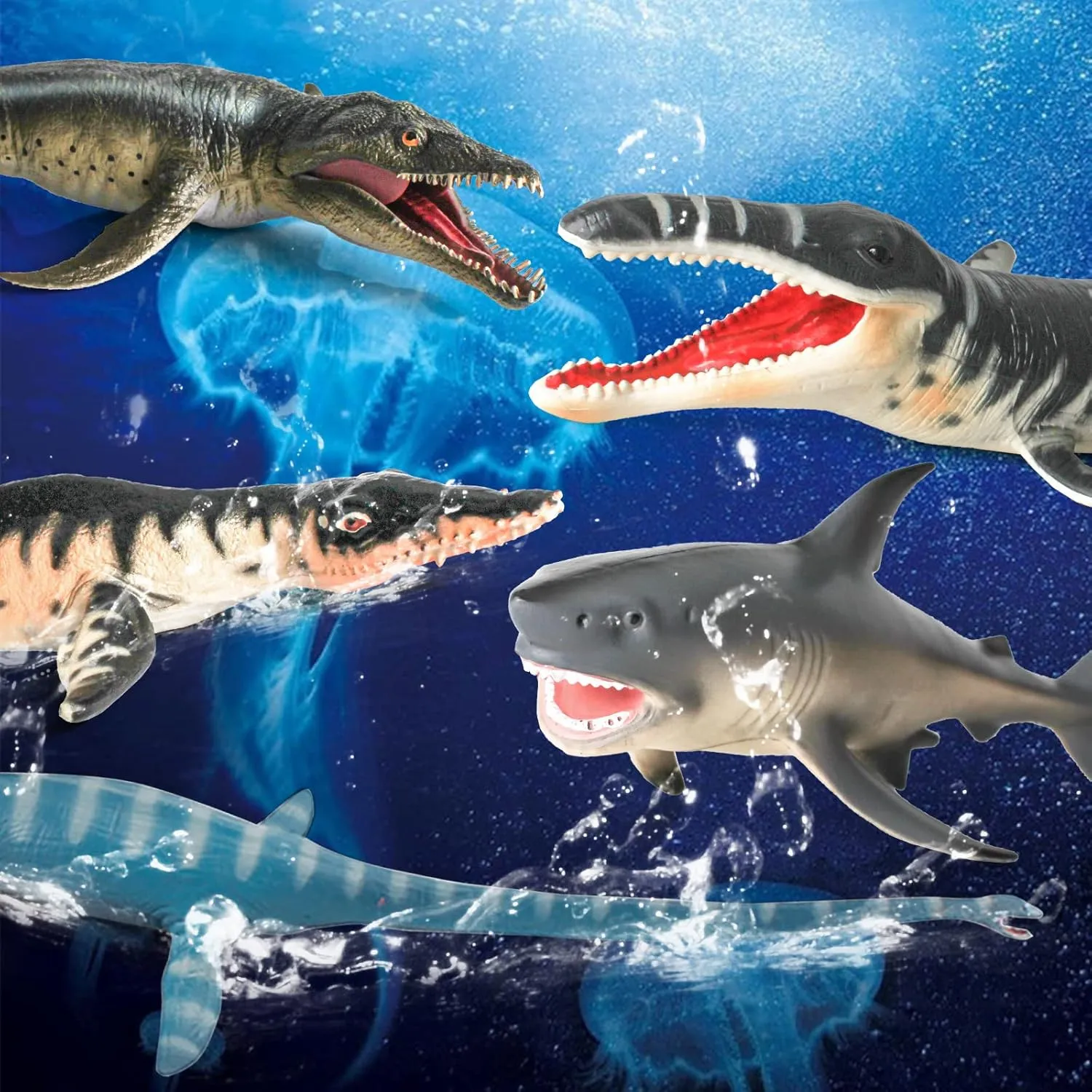 Large Ocean Creatures Toys Playset Prehistoric Sea Fish Toys 5PCS Figurines Replica of Mosasaurus Plesiosaur Dinosaur Figures Collection Sea Animals for Toddler Boys Dino Toy Kids Birthday Gift
