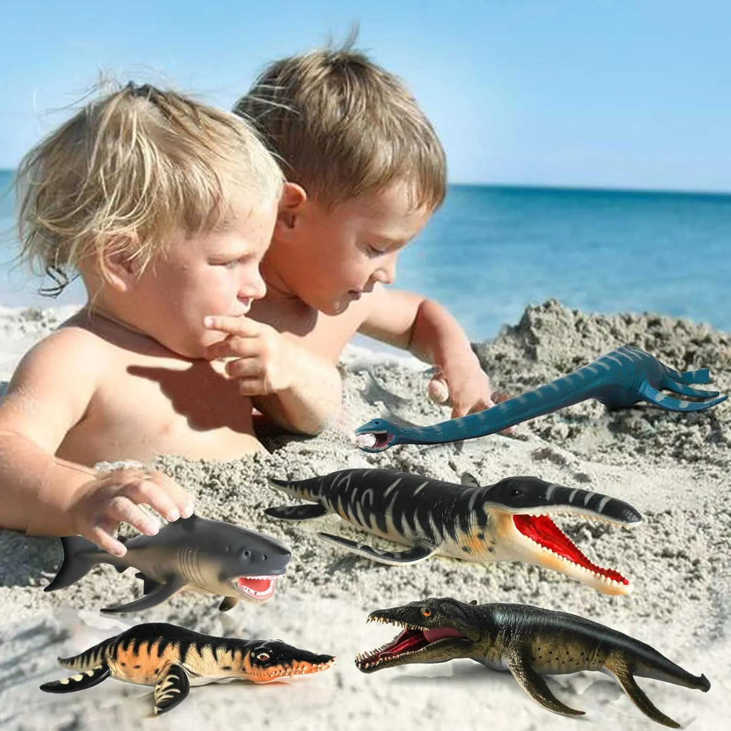 Large Ocean Creatures Toys Playset Prehistoric Sea Fish Toys 5PCS Figurines Replica of Mosasaurus Plesiosaur Dinosaur Figures Collection Sea Animals for Toddler Boys Dino Toy Kids Birthday Gift