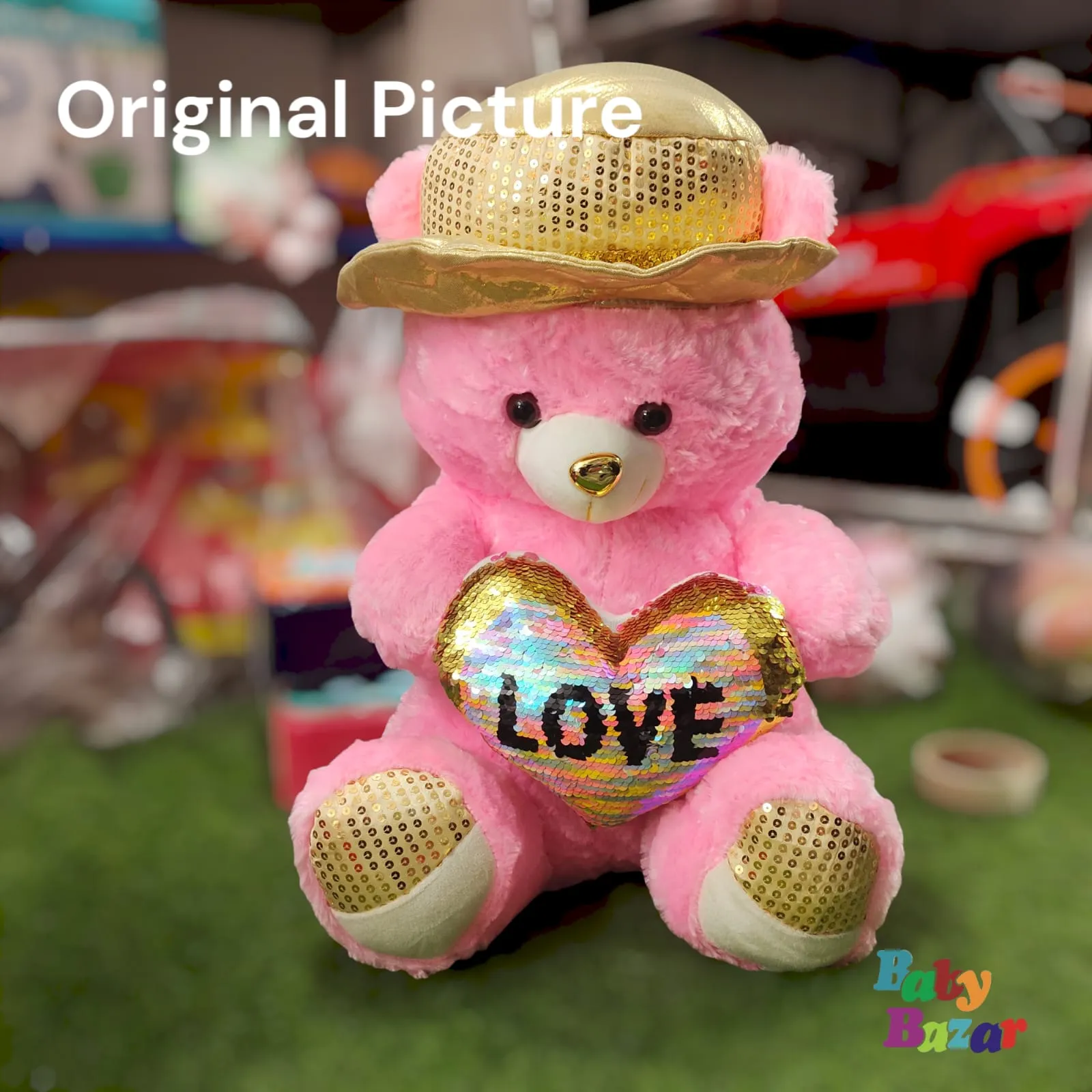 Large Pink Teddy Bear with Sequin Heart LOVE and Golden Hat