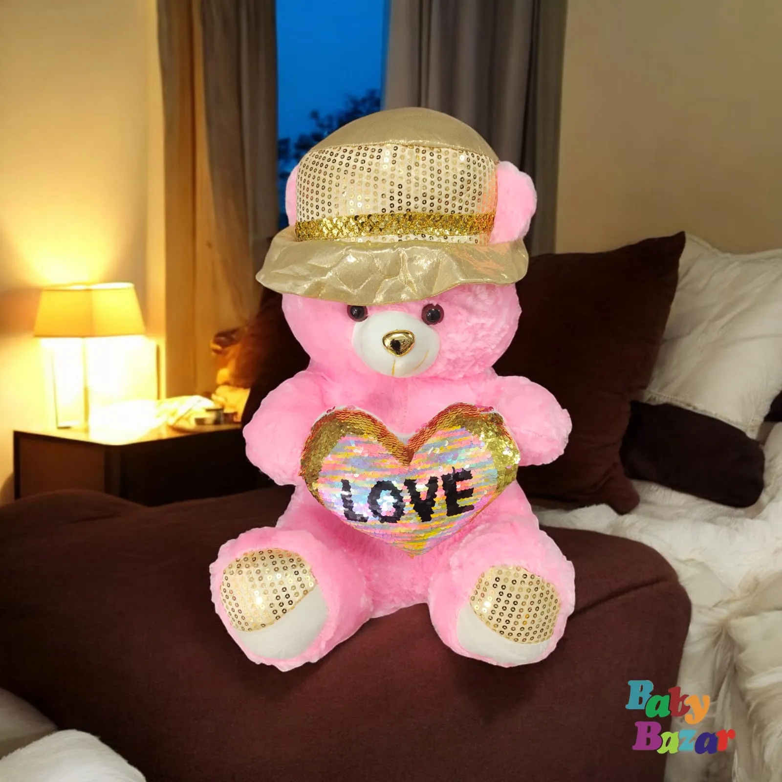 Large Pink Teddy Bear with Sequin Heart LOVE and Golden Hat