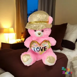 Large Pink Teddy Bear with Sequin Heart LOVE and Golden Hat