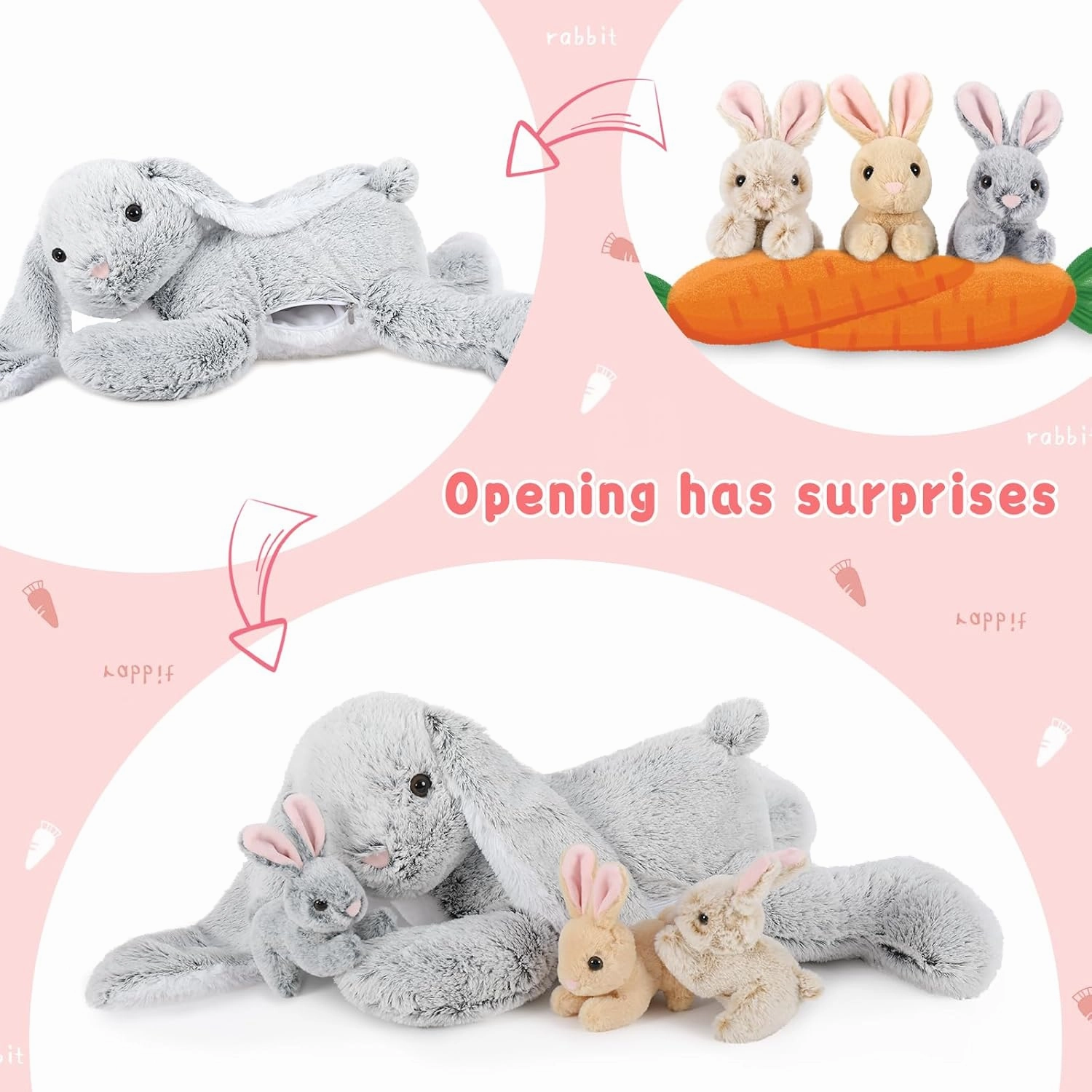 Large Bunny Stuffed Animal 24"" - 4Pcs Stuffed Bunny Rabbit Plush Toy Gifts for Kids - Cuddly Mommy Bunny Surprise with 3 Small Bunnies Inside
