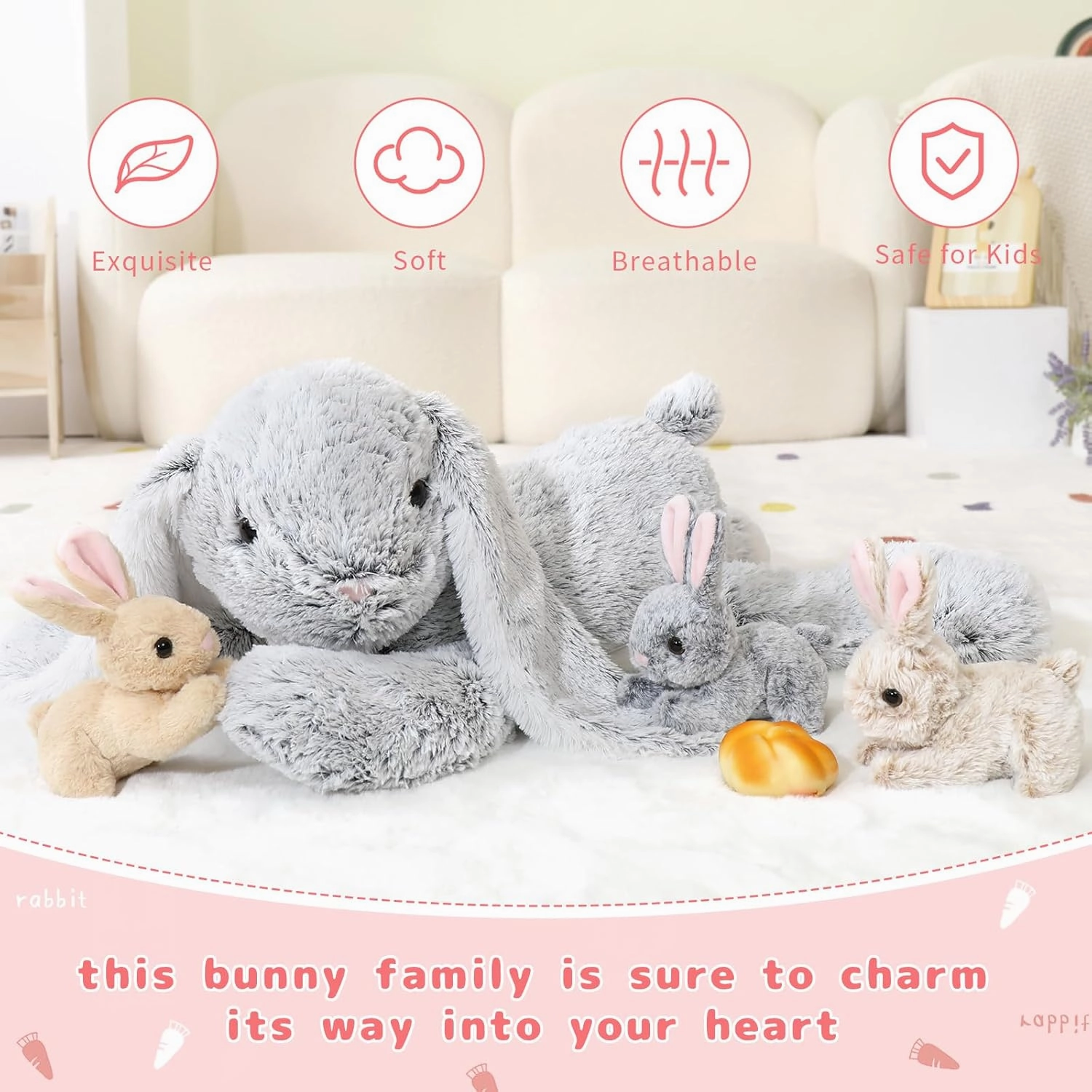 Large Bunny Stuffed Animal 24"" - 4Pcs Stuffed Bunny Rabbit Plush Toy Gifts for Kids - Cuddly Mommy Bunny Surprise with 3 Small Bunnies Inside