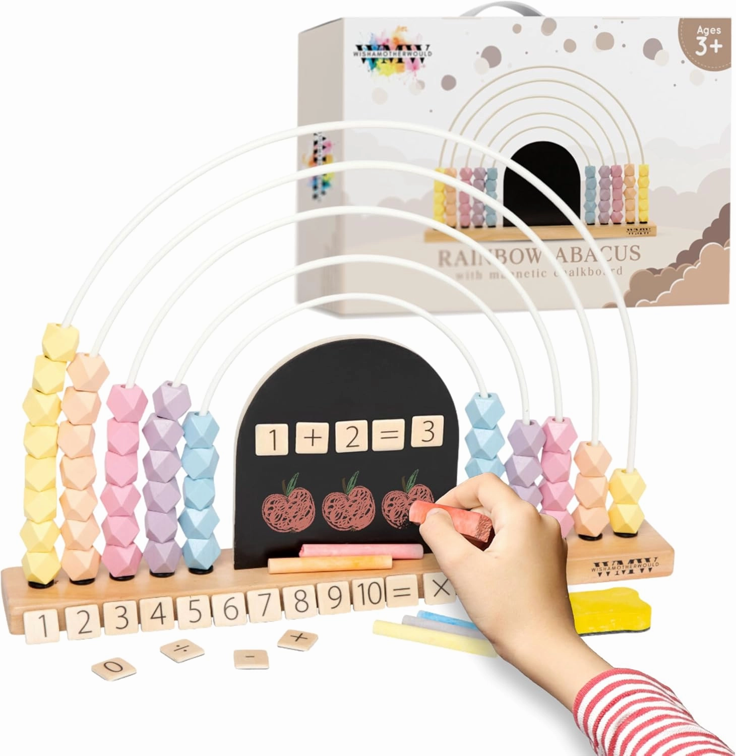 Large Pastel Rainbow Abacus for Kids Math with Magnetic Chalkboard - Learn Counting, Adding & Subtracting - Counting Toy - Educational Toys for 3 Year Old and Up - Montessori Toys - 17 inches