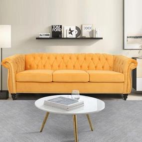 Large Sofa, Velvet Three-seat Sofa Classic Tufted Chesterfield Settee Sofa Modern 3 Seater Couch Furniture Tufted Back for Living Room (Yellow)
