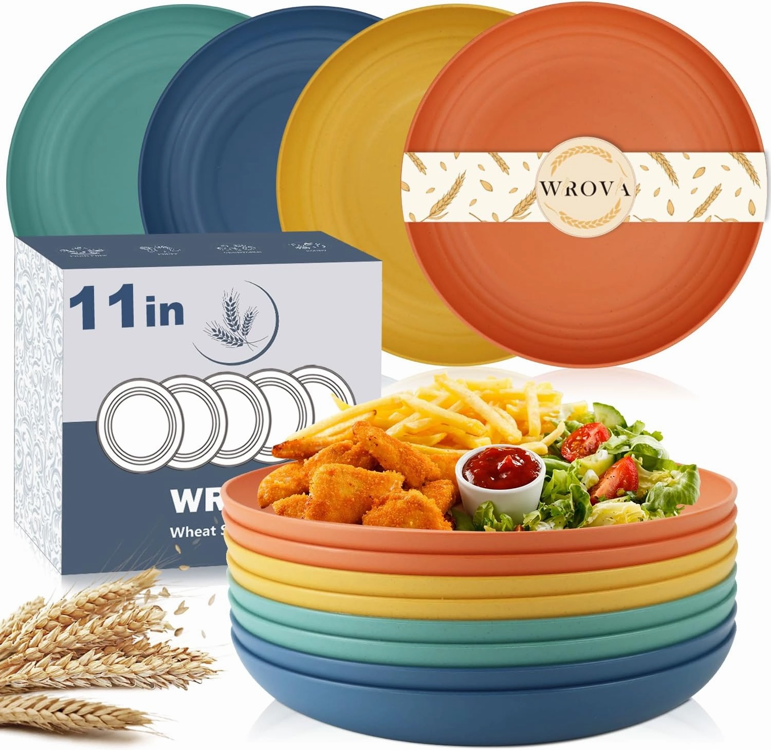 Large Wheat Straw Dinner Plates - 11 Inch Unbreakable Big Set of 8 - Dishwasher & Microwave Safe Plastic Plates - Deep Edge for Kitchen & Camping (Colorful)