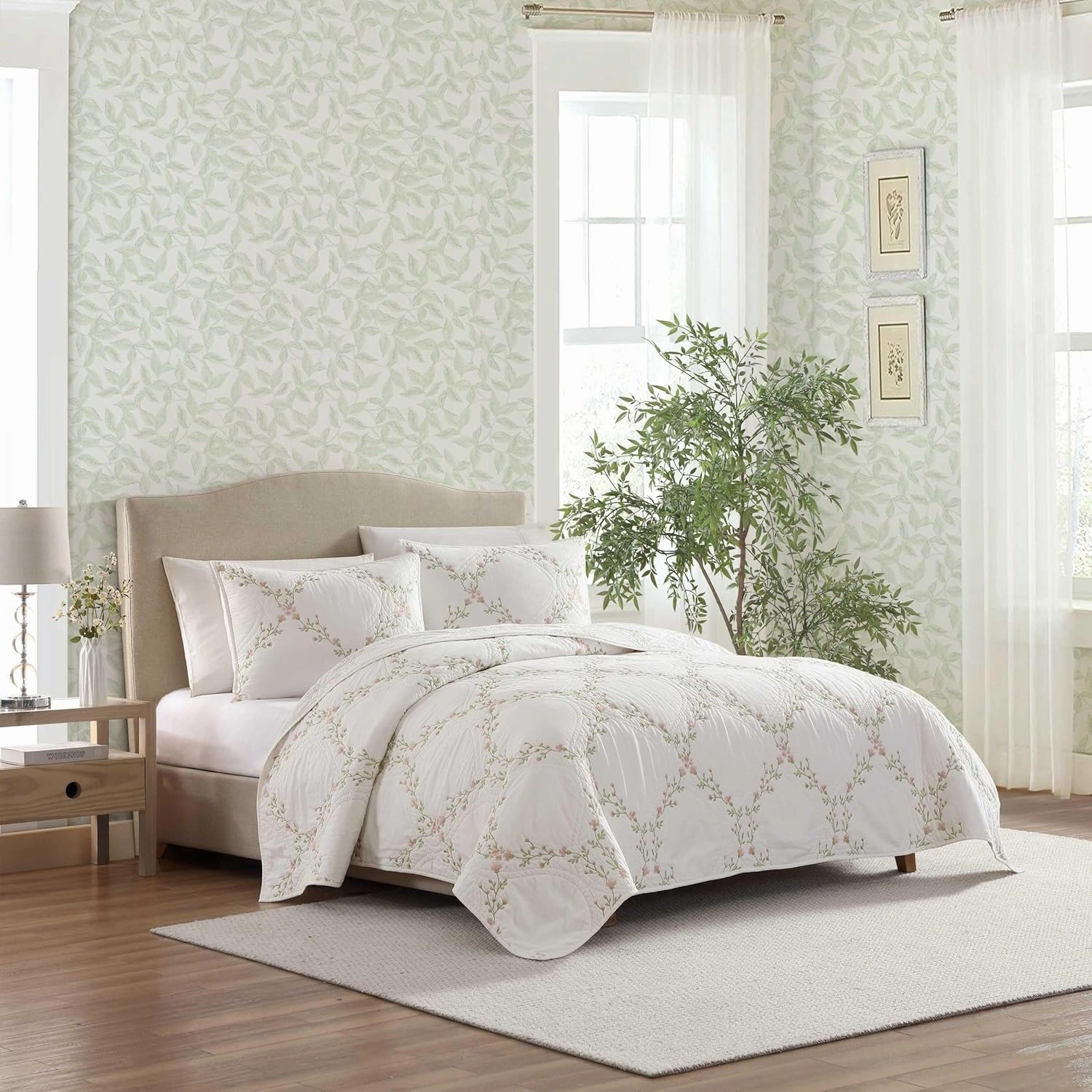 Laura Ashley - Full/Queen Quilt Set, Super Soft & Breathable Embroidered Bedding with Matching Sham(s), Floral Home Decor (Floral Embroidery Pink, Full/Queen)